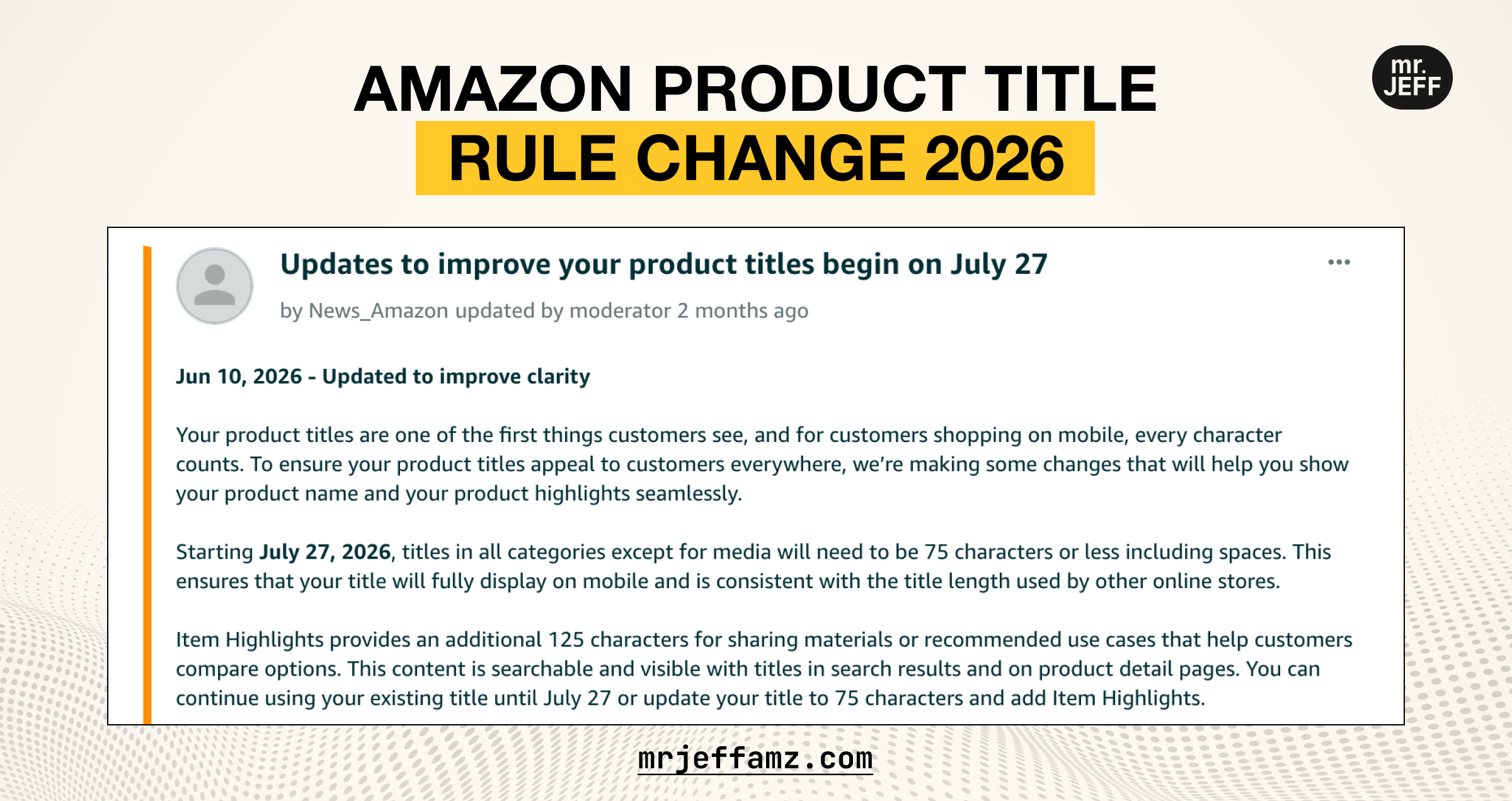 Amazon product title rule change limits titles to 75 characters starting July 27, 2026